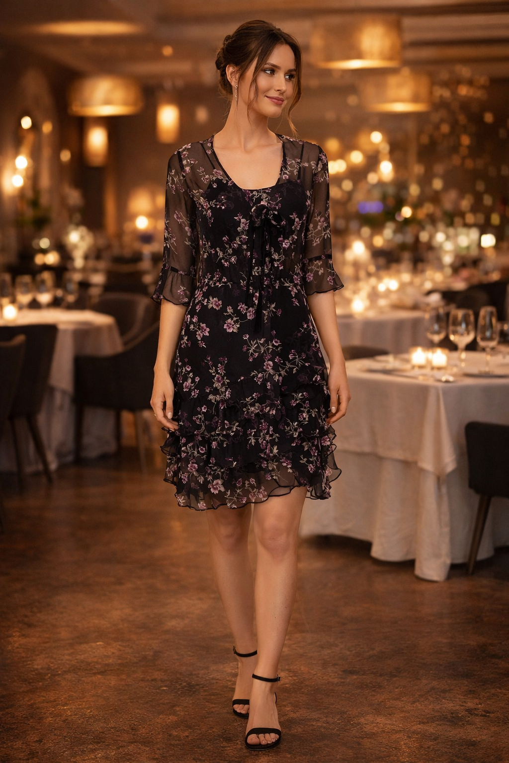 ROBBIE BEE Black & Purple Floral 100% Silk Slip Dress with Matching Sequin Top – Size 4P
