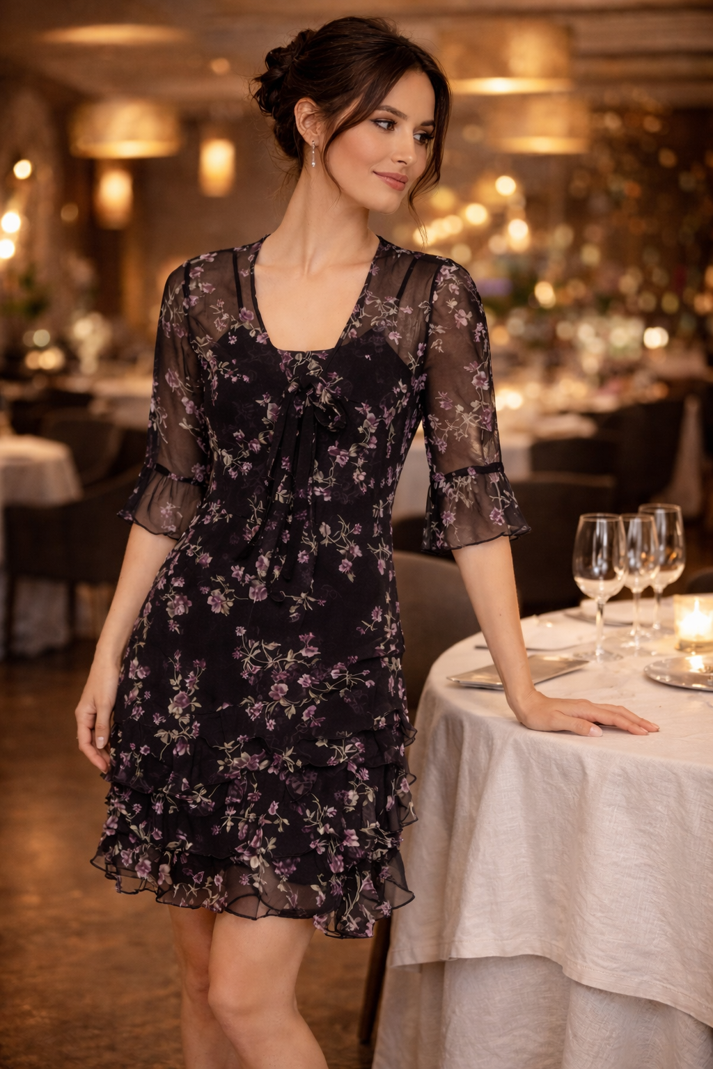 ROBBIE BEE Black & Purple Floral 100% Silk Slip Dress with Matching Sequin Top – Size 4P