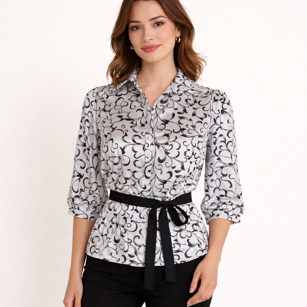 Classic White & Black Swirl Blouse with Tie Ribbon – Size Small