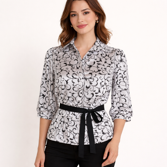 Classic White & Black Swirl Blouse with Tie Ribbon – Size Small