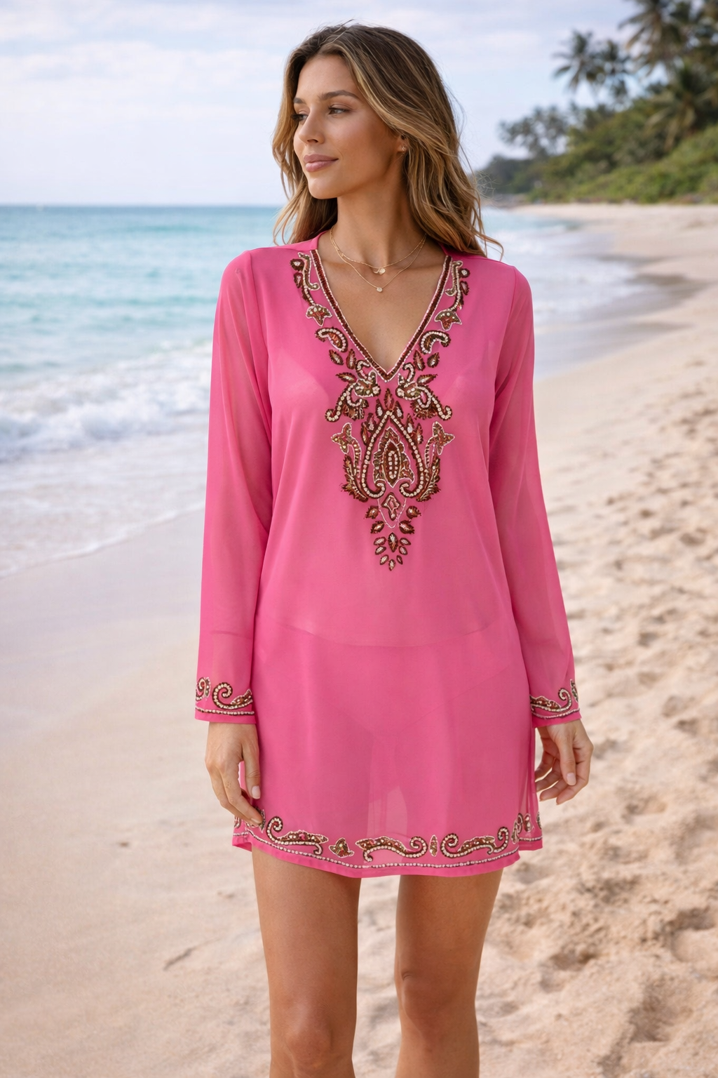 MIX NOUVEAU Pink Beaded Sheer Cover-Up, Size Small