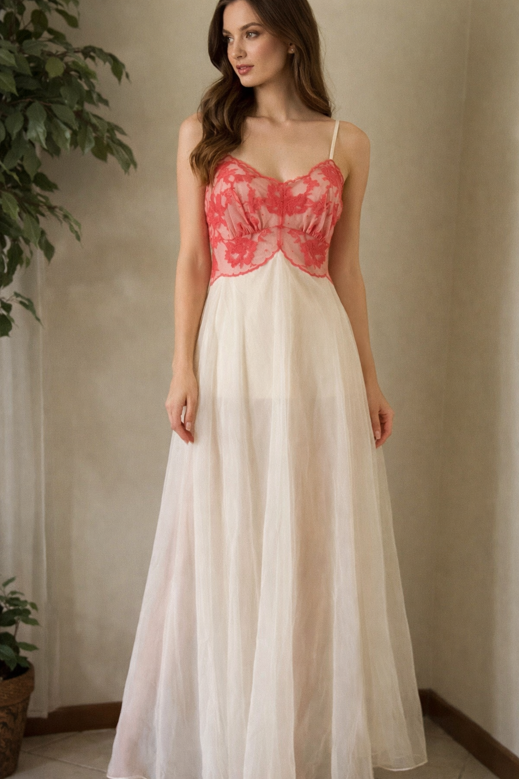 Vintage Vanity Fair 1960s Sheer Ivory Nightgown Coral Lace Empire Waist Peignoir Bridal Lingerie