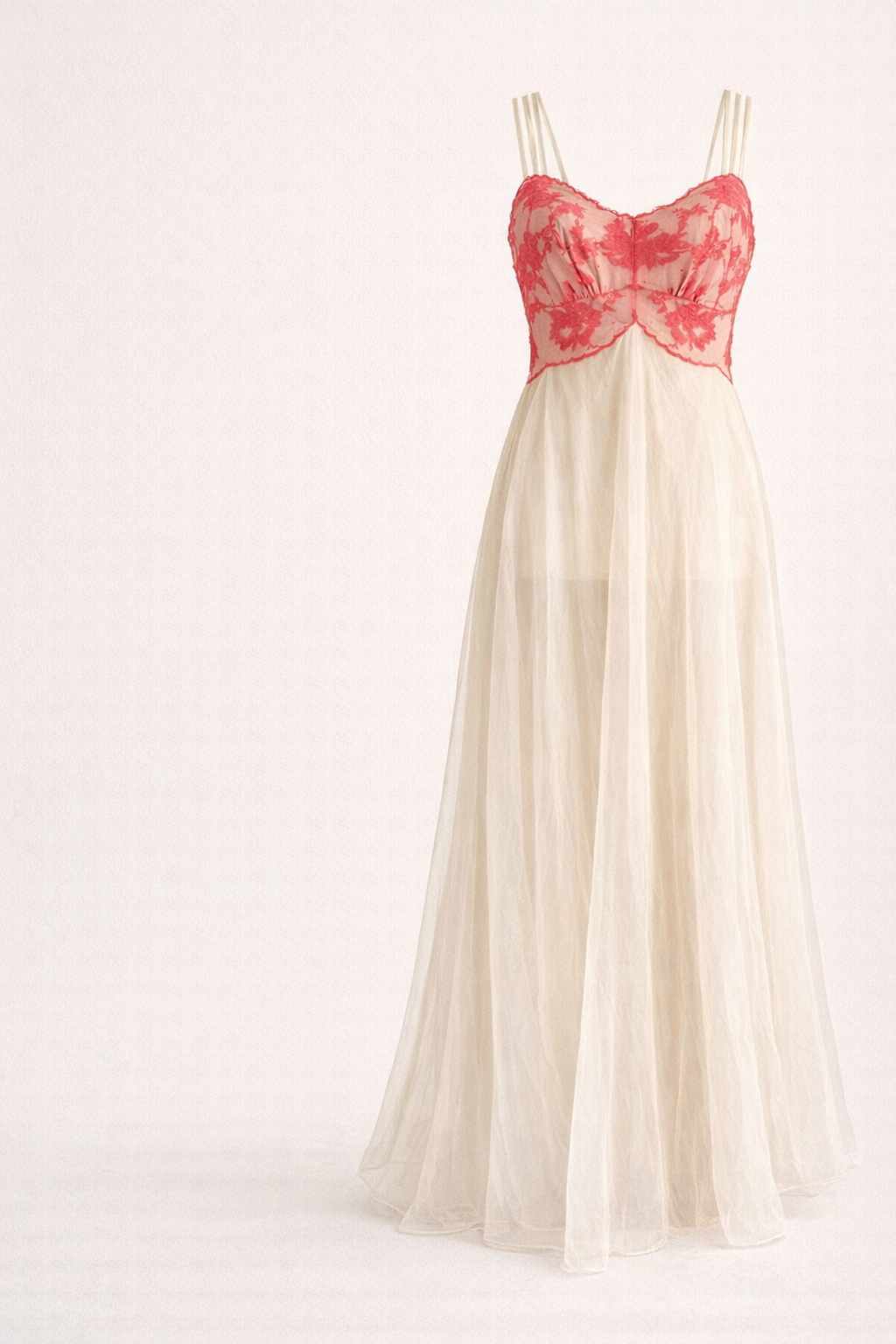 Vintage Vanity Fair 1960s Sheer Ivory Nightgown Coral Lace Empire Waist Peignoir Bridal Lingerie