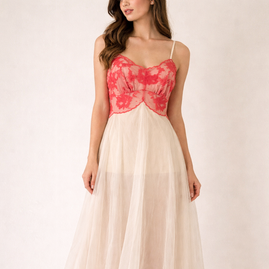 Vintage Vanity Fair 1960s Sheer Ivory Nightgown Coral Lace Empire Waist Peignoir Bridal Lingerie