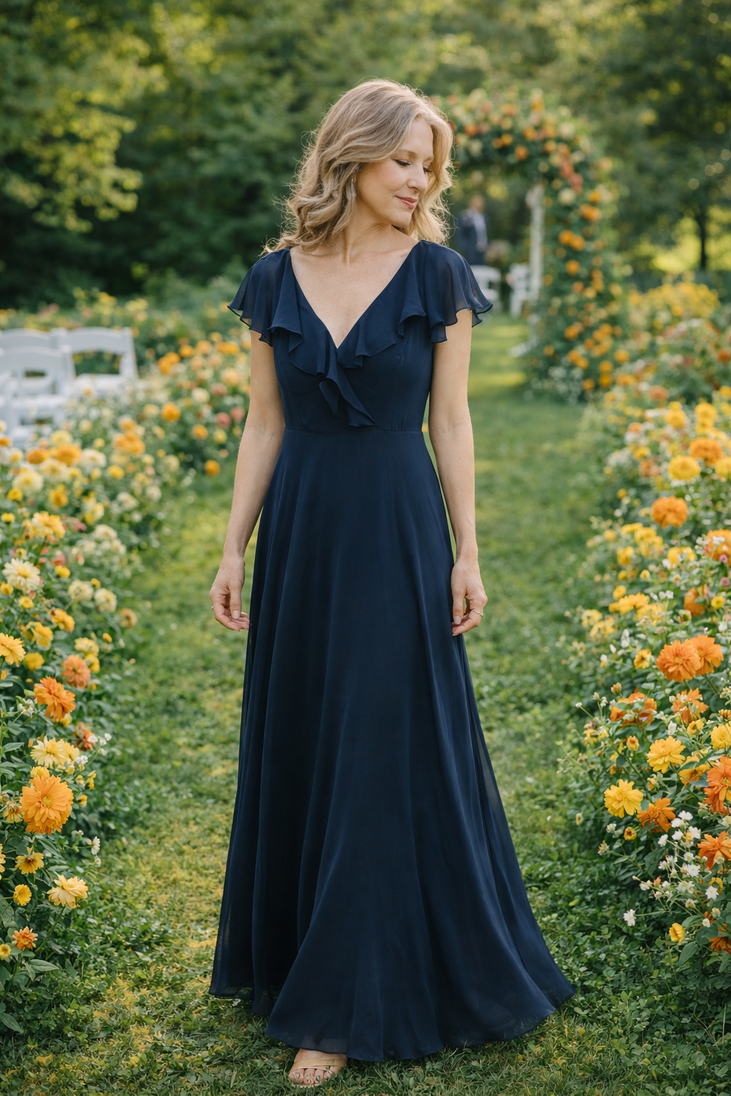 LEVKOFF Navy Chiffon Flutter Sleeve Gown – Size 10 (Brand New)