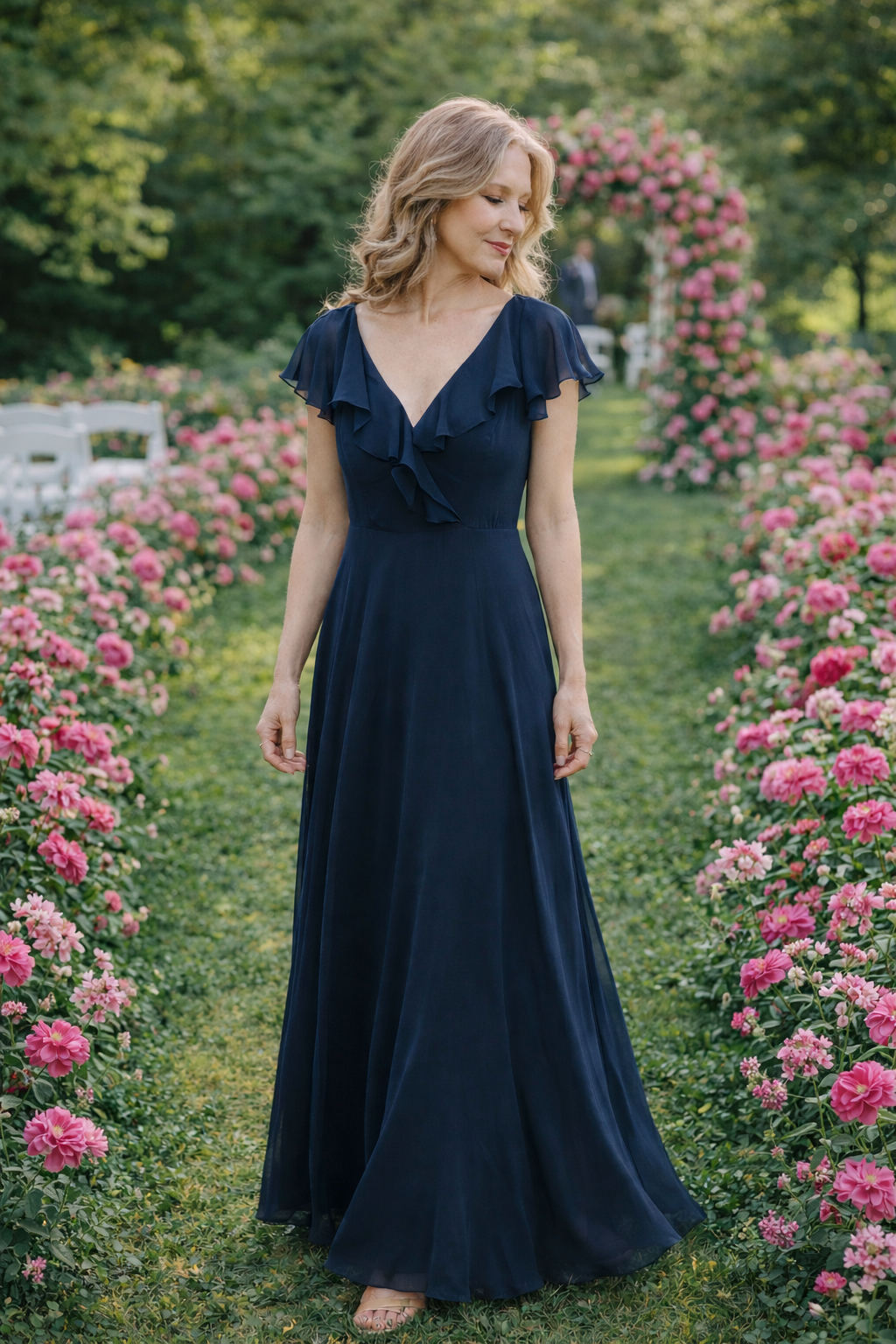 LEVKOFF Navy Chiffon Flutter Sleeve Gown – Size 10 (Brand New)