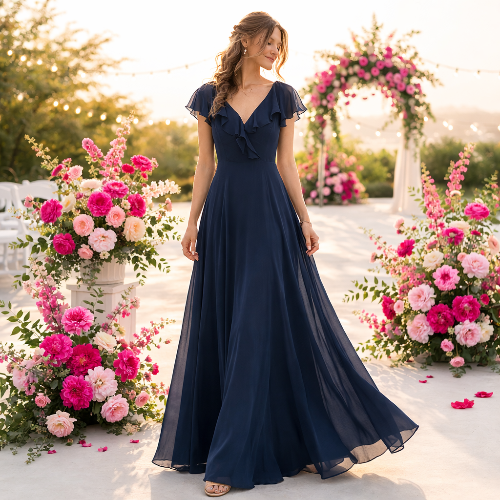 LEVKOFF Navy Chiffon Flutter Sleeve Gown – Size 10 (Brand New)