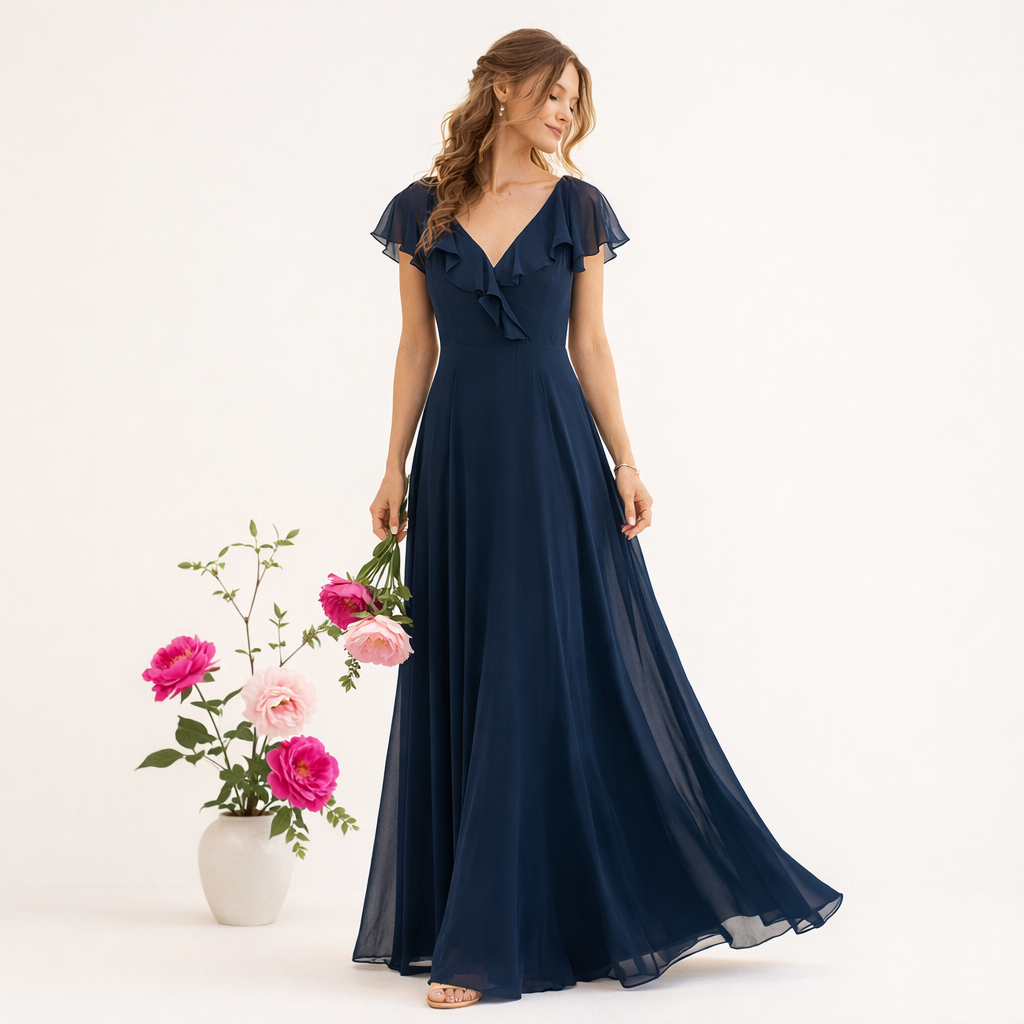 LEVKOFF Navy Chiffon Flutter Sleeve Gown – Size 10 (Brand New)