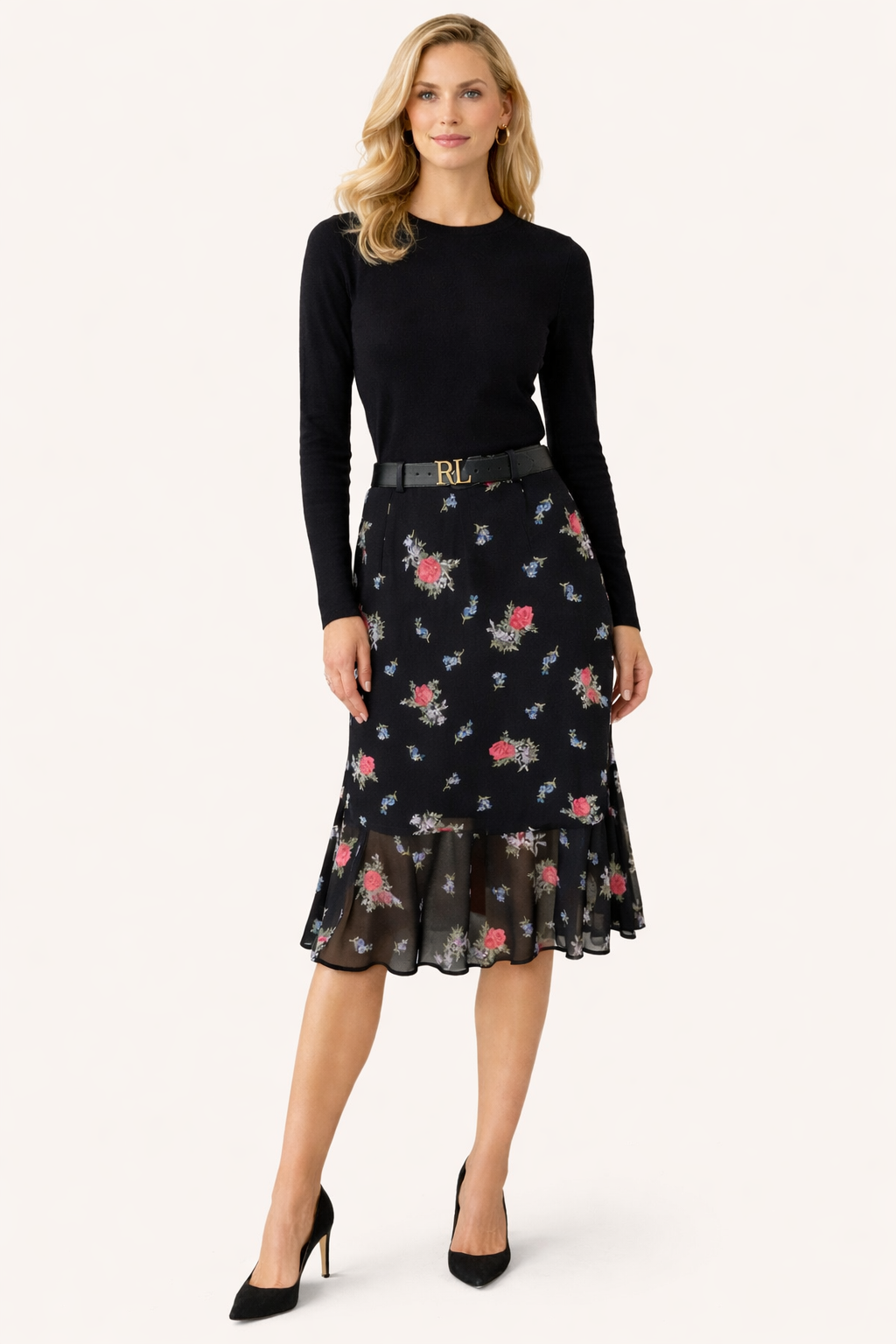 RALPH LAUREN Black Floral Ruffle Skirt – Size 2