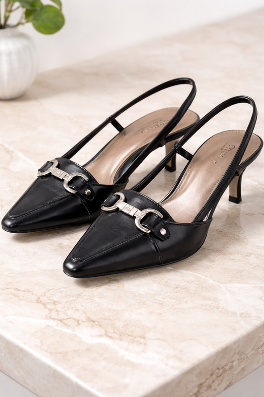 AK Anne Klein iFlex Mamacquirem Black Leather Slingback Heels - Size 7.5 M