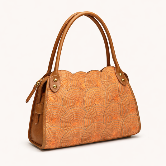 Eric Javits Natural & Orange Raffia Scalloped Woven Swirl Shoulder Bag