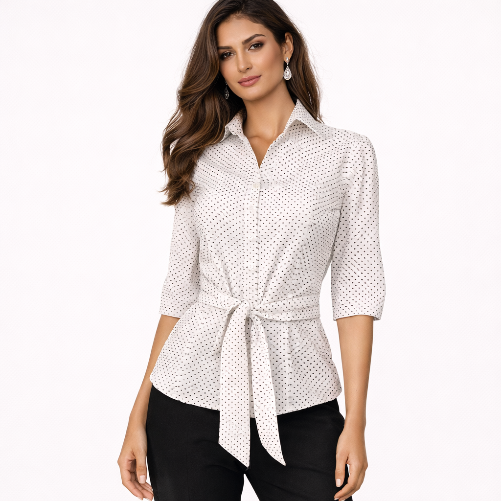 NINETY White & Black Polka Dot Button Down Blouse with Matching Tie - Size Small