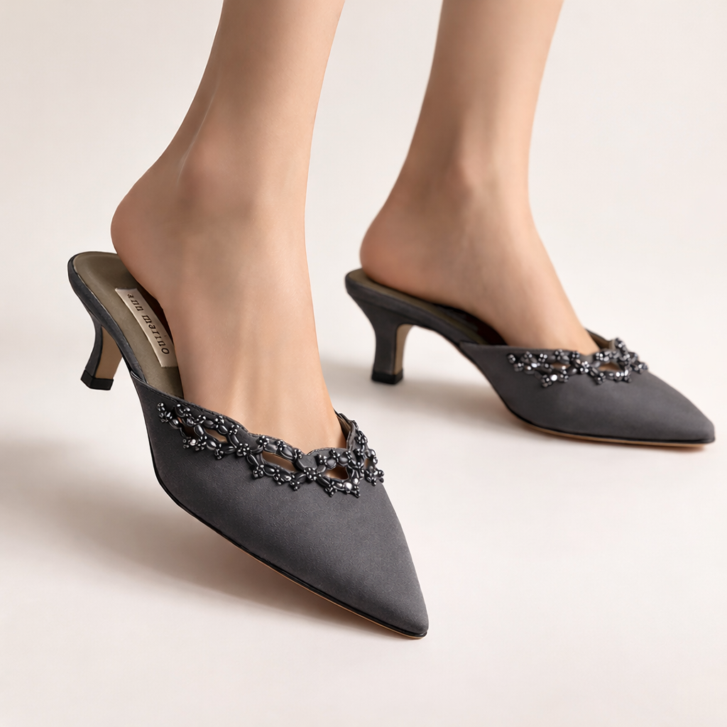 Ann Marino Dark Grey Leather & Satin Beaded Mules