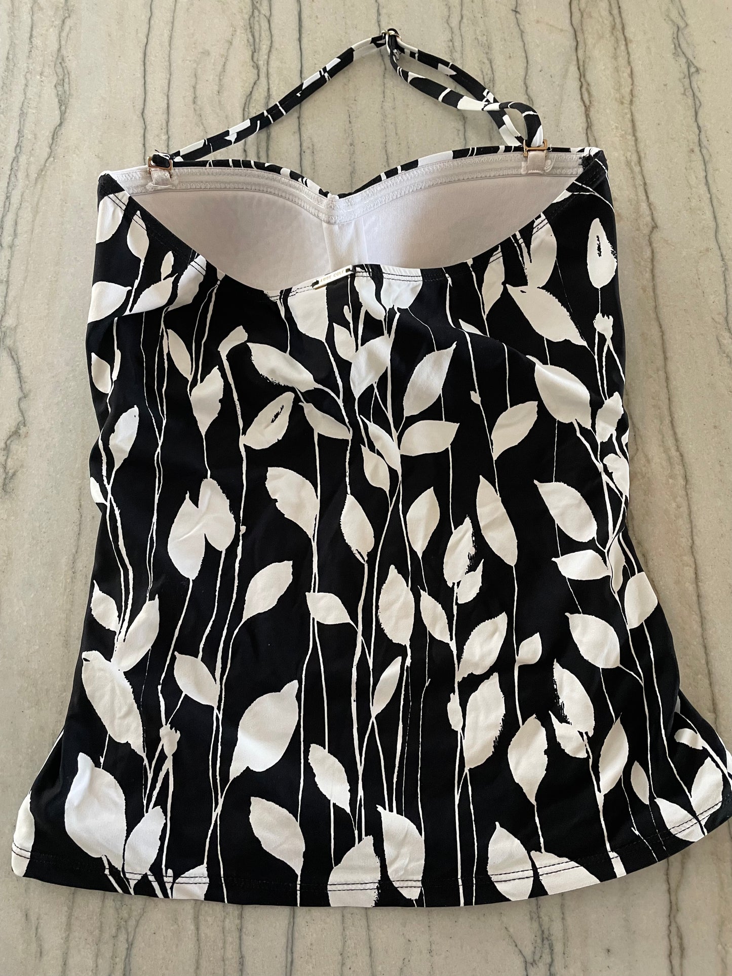 Anne Cole Black & White Leaf Print Halter Tankini Swim Top Twist Front - Size Small