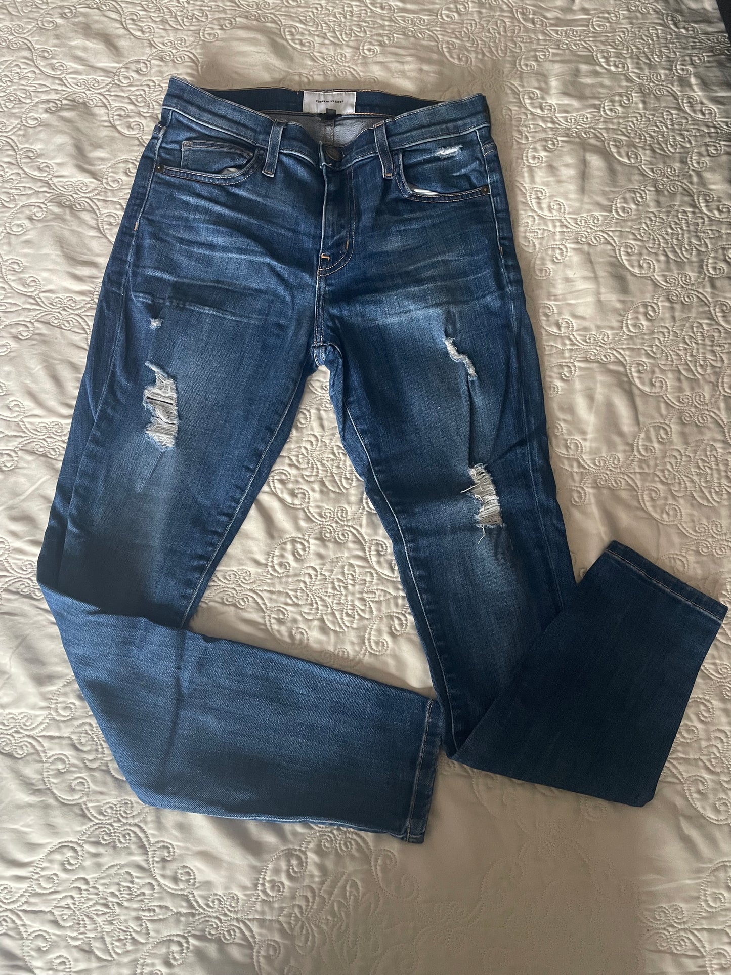 Current/Elliott Distressed Skinny Jeans Medium Wash Mid Rise Stretch Denim Size 27