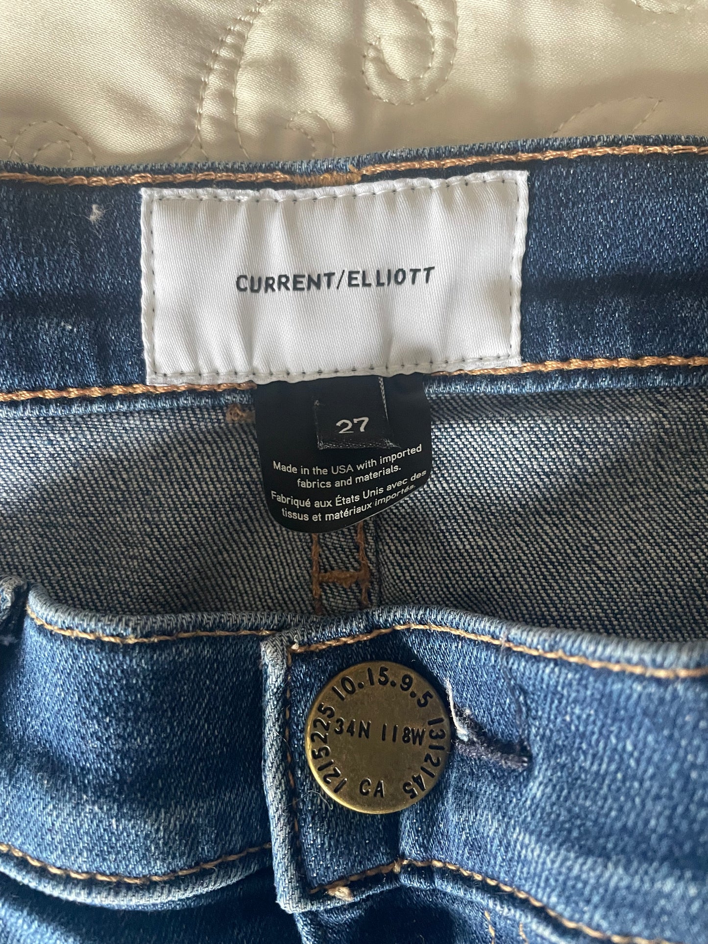 Current/Elliott Distressed Skinny Jeans Medium Wash Mid Rise Stretch Denim Size 27