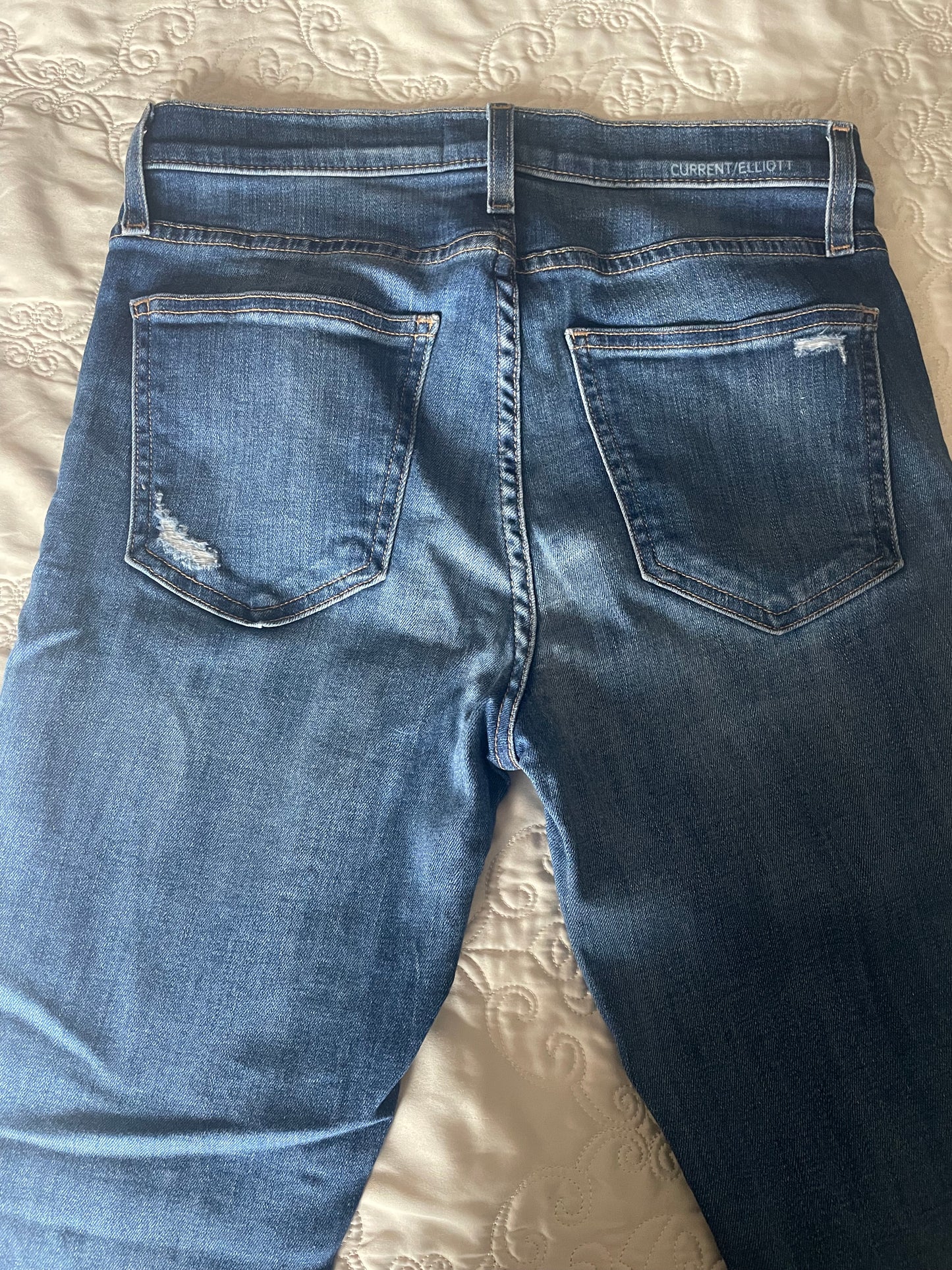 Current/Elliott Distressed Skinny Jeans Medium Wash Mid Rise Stretch Denim Size 27